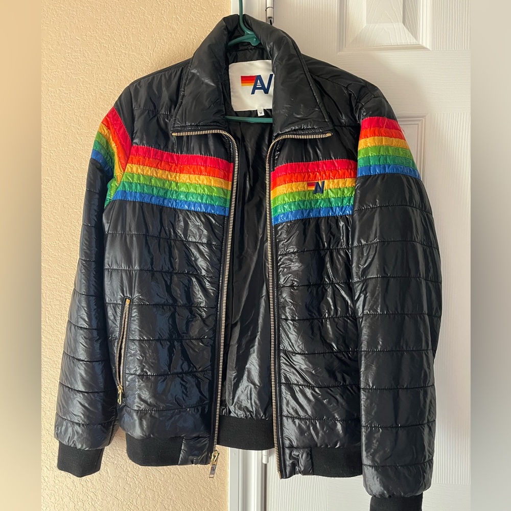 Aviator Nation M 6 STRIPE RAINBOW SLEEVE JACKET - GLOSSY BLACK